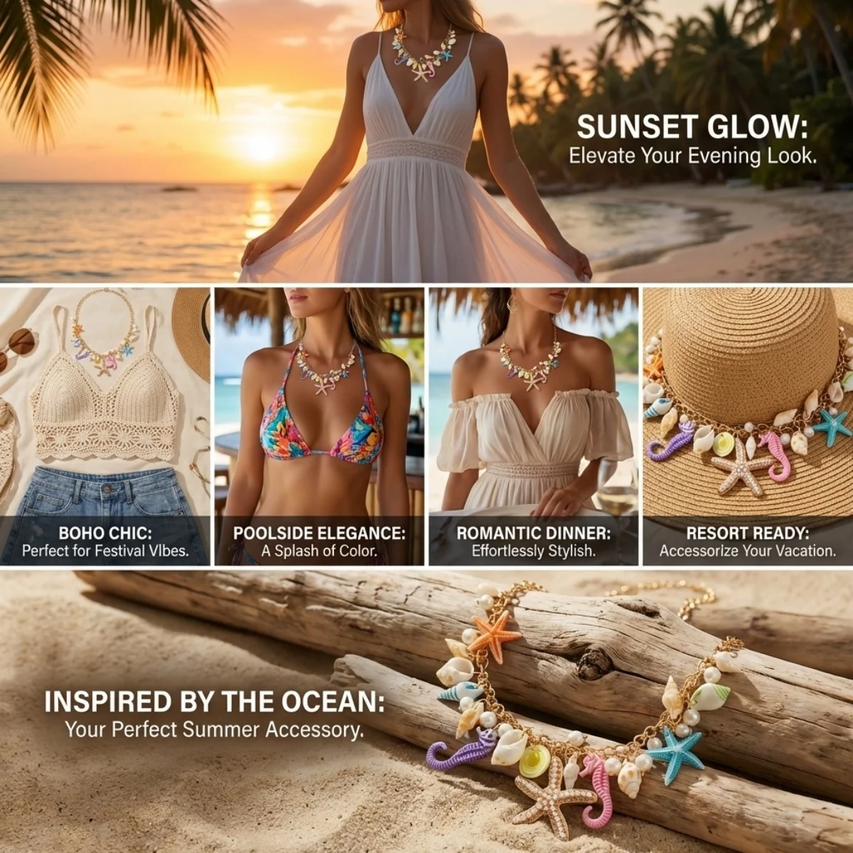 Sommerliche, extravagante, farbenfrohe Anhänger-Halskette mit Seestern, Muschel und Seepferdchen aus Kunstharz für Damen und Herren, Ozean- und Strandmotiv, Meerestier-Choker-Schmuck – Detail 3