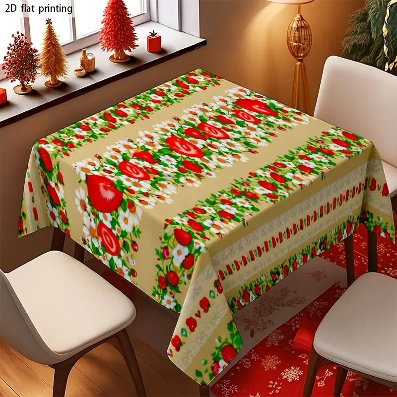1pc Fresh Strawberry and Floral Pattern Tablecloth - A Colorful Combination of Strawberries and Flowersxzj