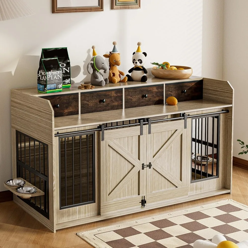 

Masterpiece 63" Double Dog Crate Furniture – Wooden Dog Kennel Indoor With Sliding Doors, Adjustable Bowls & Storage Drawers –
