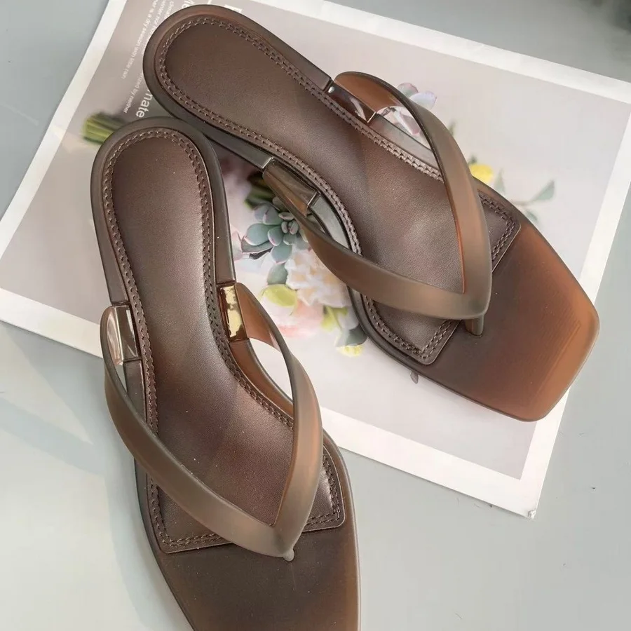 Korean Muted Tone Olive Green PVC Thong Sandals Women Clear Slim Kitten Heel Square Toe Backless Shoes Green Casual Flip Flops view 5