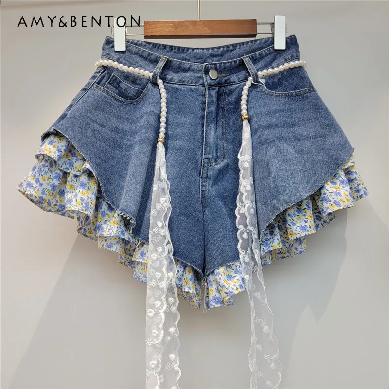 

Blue Floral Patchwork Faux Two-piece Denim Shorts Women's 2026 Summer New Age-defying Sweet High-waisted Slimming Short Pants