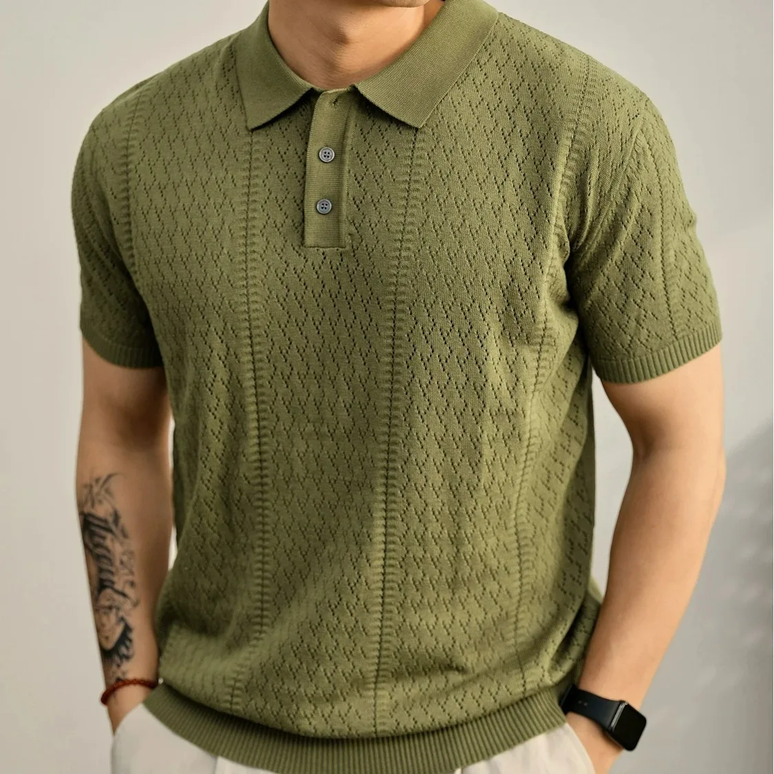 

Old Money Style Willow Green Knitted Polo Shirt Short Sleeve Men's Summer Commuting Outfit Cool Ice Silk Hollowed-Out Regular