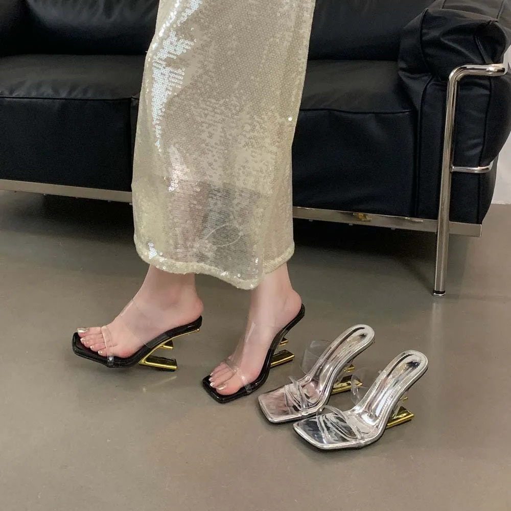 

Wedge Sandals for Women Transparent Strappy Heels Square Open Toe Heels Metallic Shark Teeth heeled Slippers Mules Slides