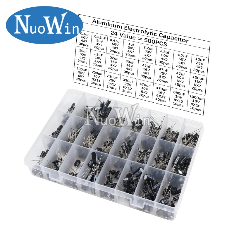 500Pcs/lot 0.1UF-1000UF 24Values 16V-50V Mix Aluminum Electrolytic Capacitor Assorted Kit And Storage Box