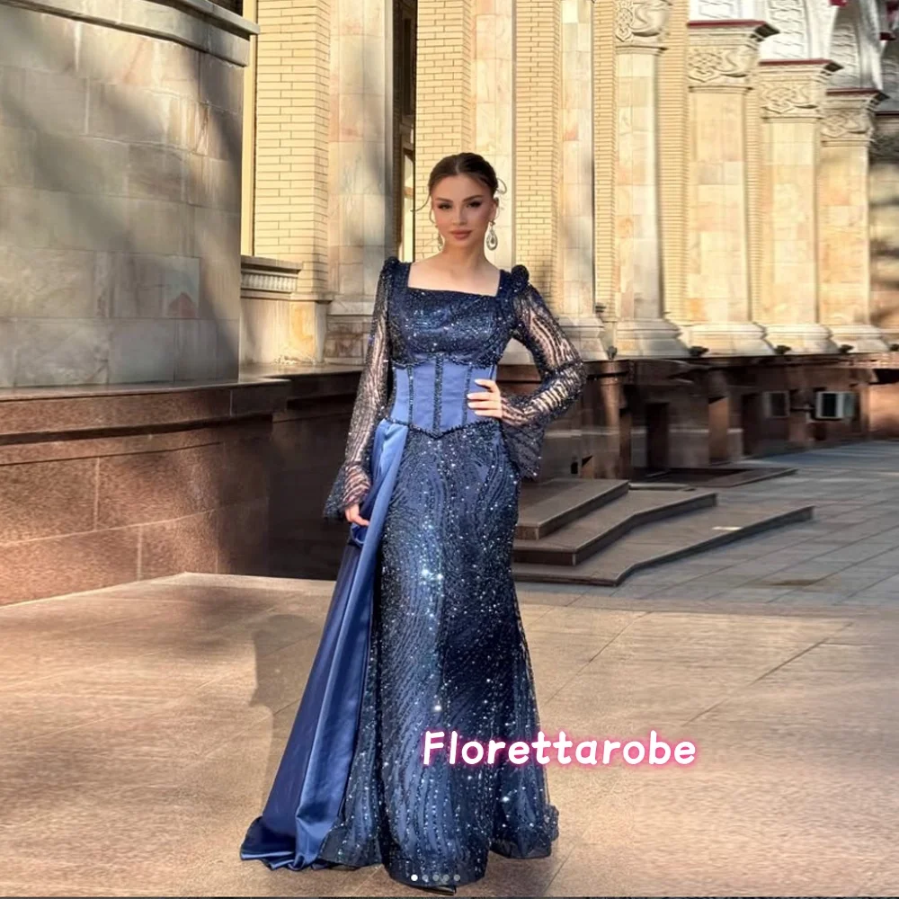 Customized Glitter Luxury Evening Dress Long Sleeves Trumpet Long Beads Sequins Square Collar Prom Dresses Elegant High Quality