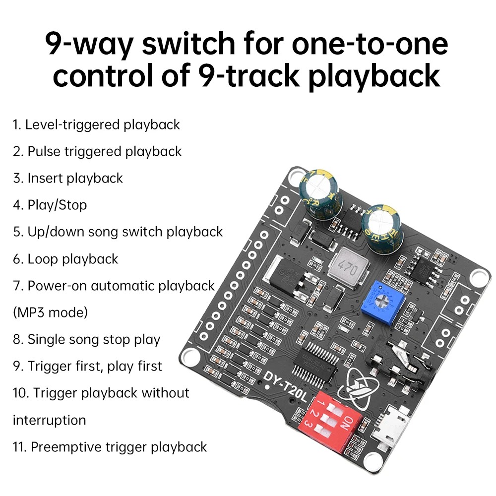 DC6-35V 10W/20W Voice Mp3 Playback Control Module Trigger Audio Module Supports USB Flash Drive And TF Card DY-T20L Micro USB
