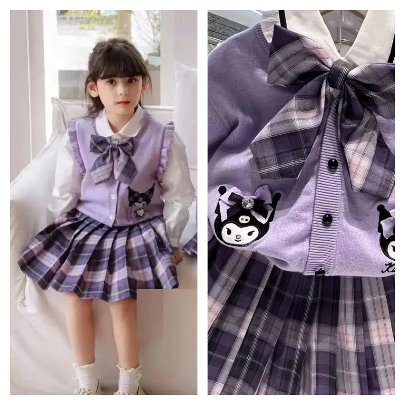 

Sanrio Y2K Kuromi Cartoon Girls Jk Suit Spring Cute Fashionable Preppy Style Three Piece Suit Vest Knitted Sweater Pleated Skirt