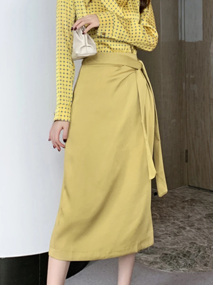 Women's Professional Sweet Midi Skirt Fashion Elegant Yellow Solid Bandage Slit Long Skirt Female Business Daily Wear Clothes
