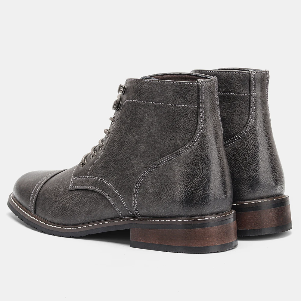 Herrenstiefel mit runder Zehenkappe, Schnürstiefel für Männer, schmale Außensohle mit niedrigem Blockabsatz, knöchelhohe Stiefel. – Detail 6