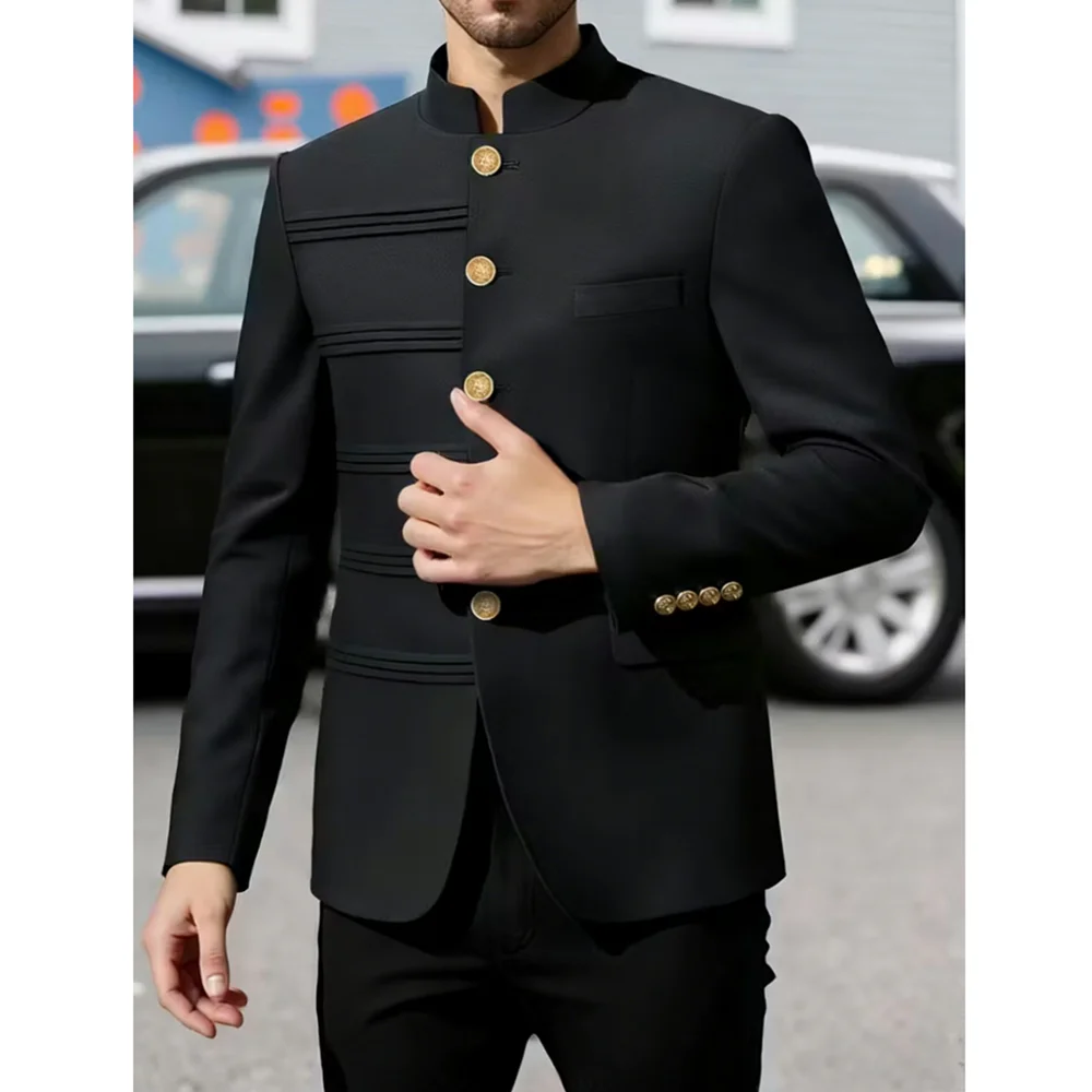 Mens Black Mandarin Collar Suit Formal Business Casual Custom Made Slim Fit Groom Wedding Party Tuxedo 2 Piece Blazer and Pants