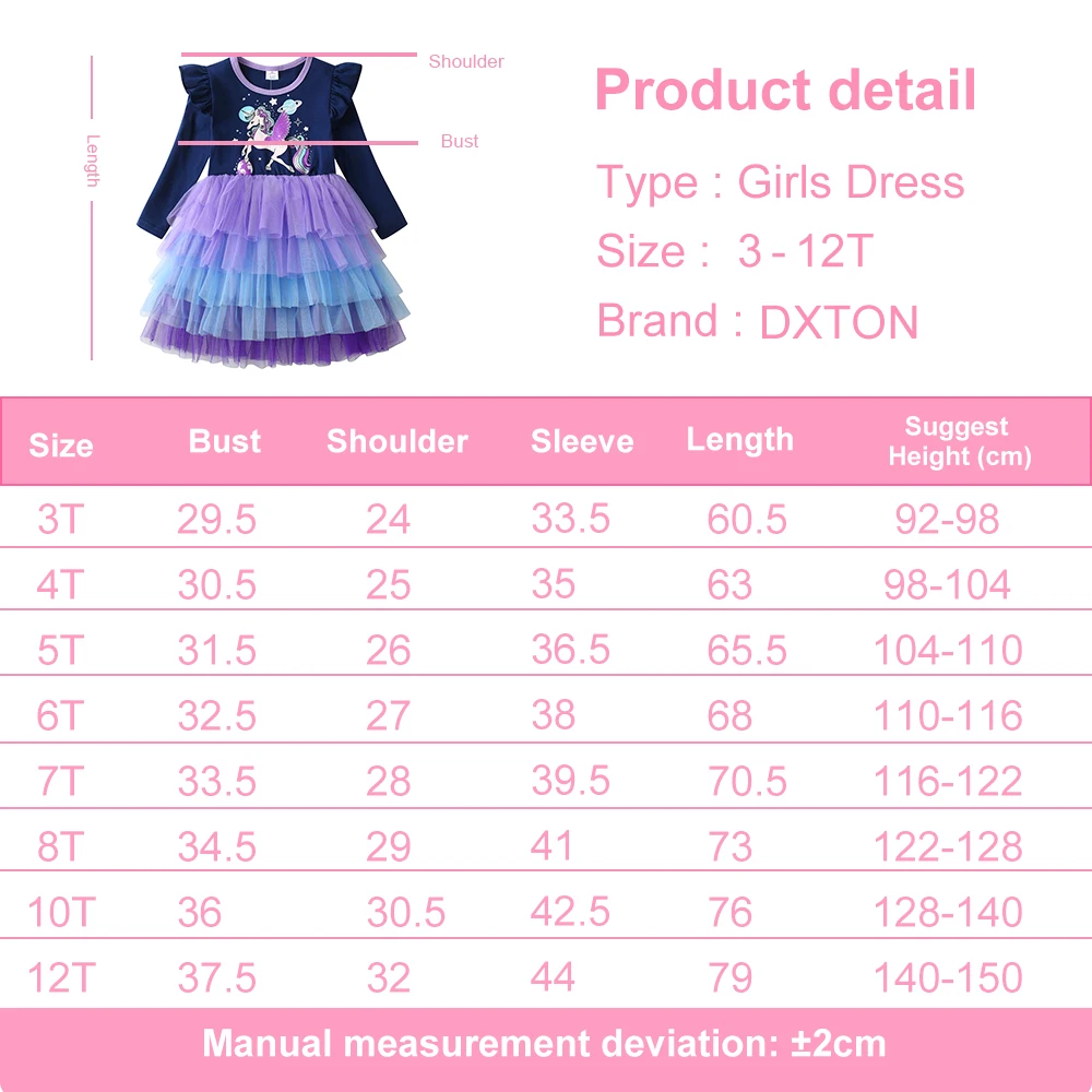 DXTON Prinzessinnen-Mesh-Kleid für Mädchen, Einhorn, geschichtetes Mesh-Kleid, Kindergeburtstagskleidung, langärmelig, Herbstkleid für Babys und Kinder – Detail 1
