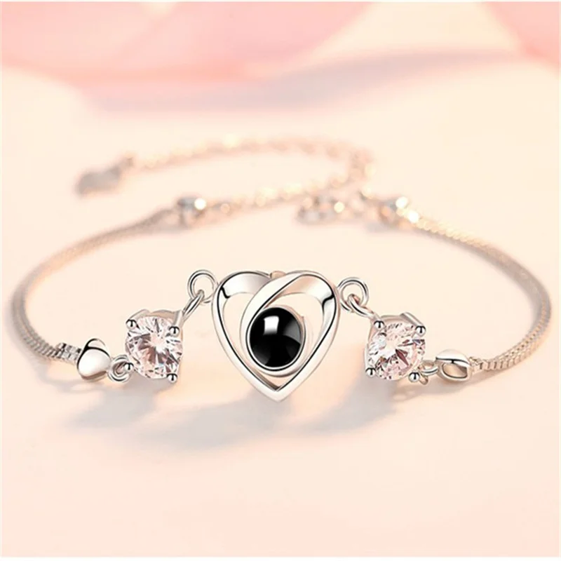 Trendy Heart-shaped Crystal Bracelet Women 100 Languages I Love You Projection Bracelet 925 Silver Female Gift For Girlfriend