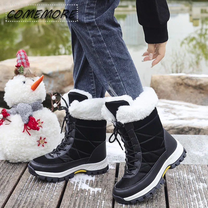 Winter Shoes Warm Plush Mid-calf Boots Waterproof Rubber Non-slip Platform Snow Boots Female Plus Size 42 White Women's Boots PU