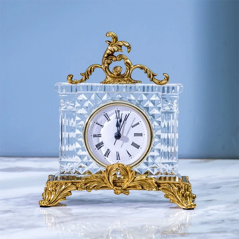 Vintage Glass Table Clock With Brass Decor Bottom Base Clear Gold Square For Home Tabletop Desk Bartique Clock Battery Operated