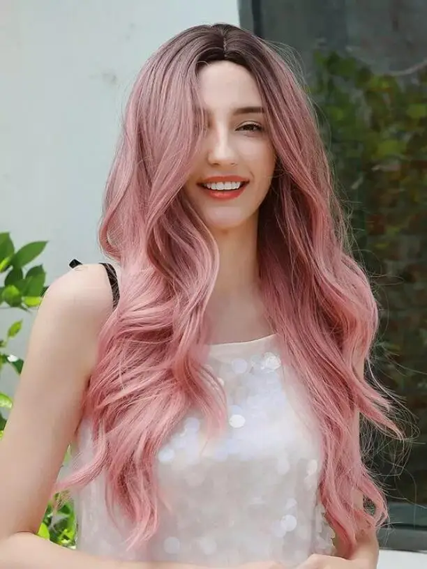 Long Pink Ombre Synthetic Wig for Women Wavy Wigs Fashion Pink Wavy Wigs Natural