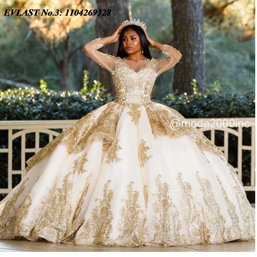 

EVLAST Customized 2025 Champagne Quinceanera Dress Ball Gown Gold Lace Applique Beaded Corset Sweet 16 Vestidos De 15 Anos E3Q88