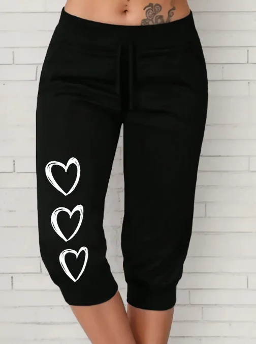 

New Women's Clothing Love Printed Waist Seven Part Casual Pants Summer Basic Female Fashion High Waist Trousers
