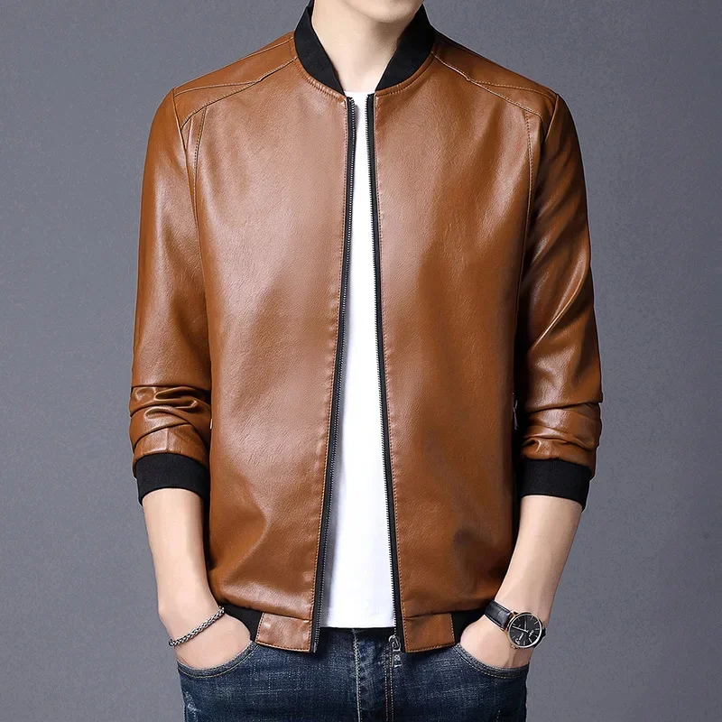 2023 Men Jacket Smooth Faux Leather Spring Jacket Solid Color Elastic Cuff Men Coat Slim Stand Collar Cardigan Jacket Daily Wear