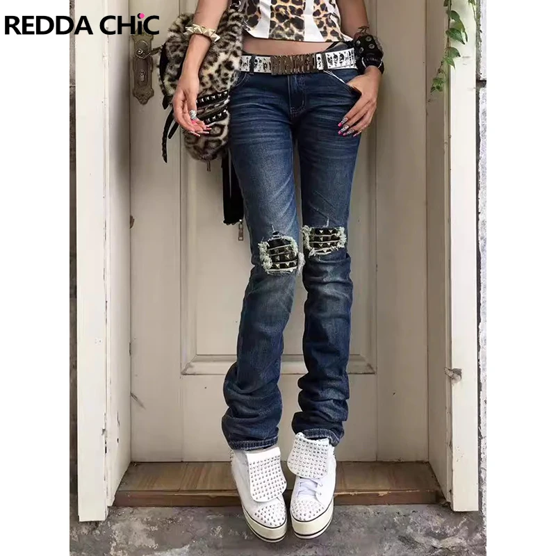 

REDDACHiC Rivets Ripped Jeans for Woman Distressed Retro Whiskers Patchwork Raw Edge Fitted Low Waist Pants Gyaru Y2k Streetwear