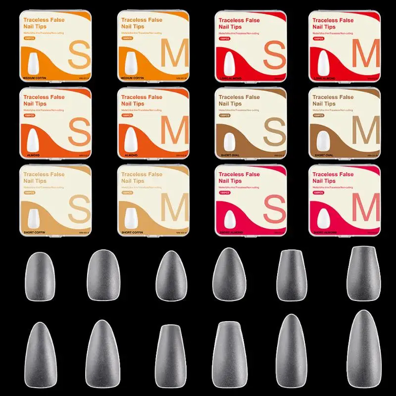 【B】100Pcs Single Size Full Cover False Nail Tips Clear Press On The Tip Nail Extension Short Trapezoid Rllipse Almond Style