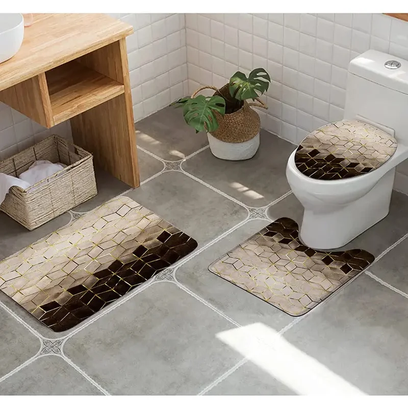 3 Piece Abstract Ombre Brown Black Marble Bathroom Rug Set Geometric Grid Cubic Gold Bath Contour Mat Toilet Lid Cover U Shapped