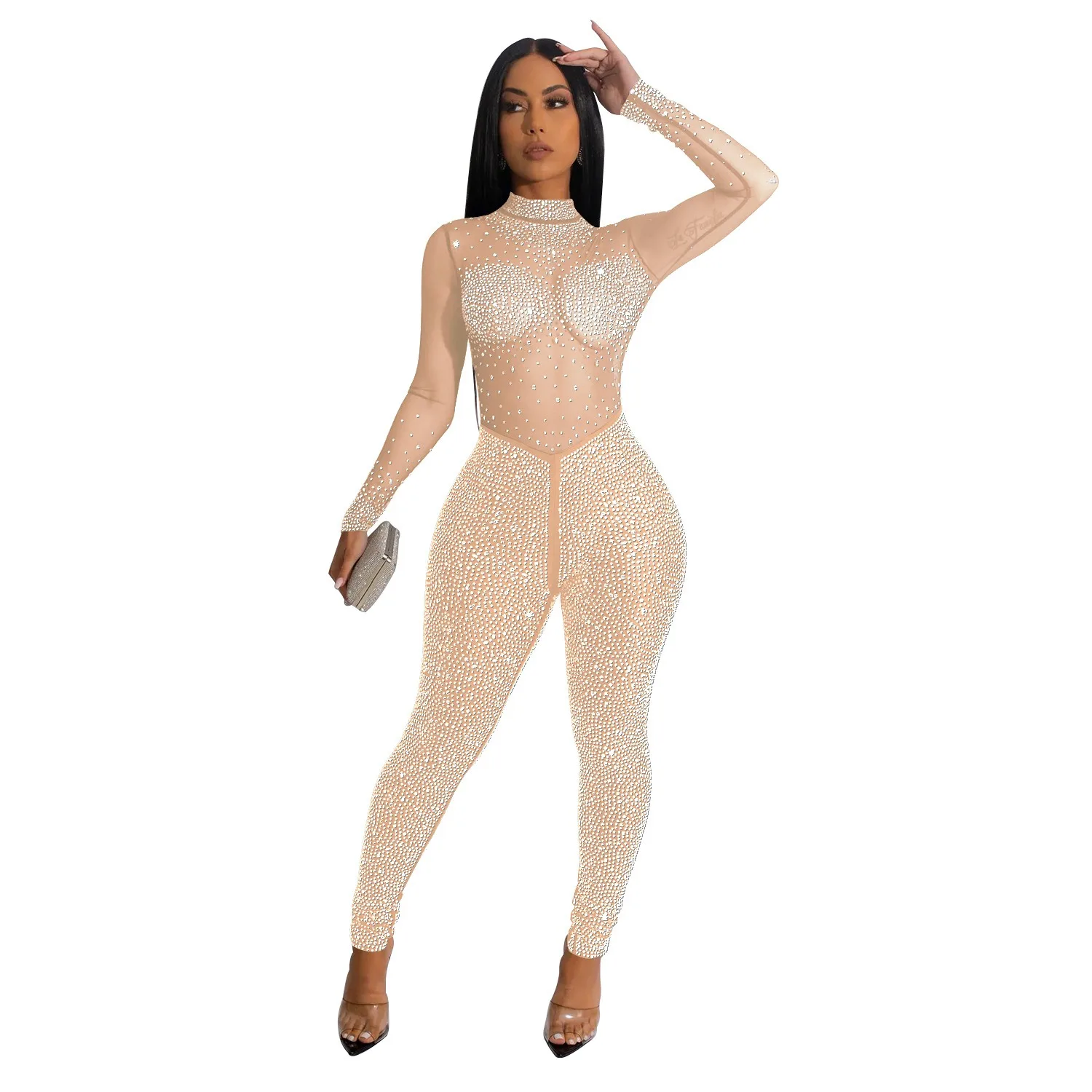 Party Nightclub Gathering Prom Solid Color Mesh Rhinestone Long Sleeve Long Pants Jumpsuit