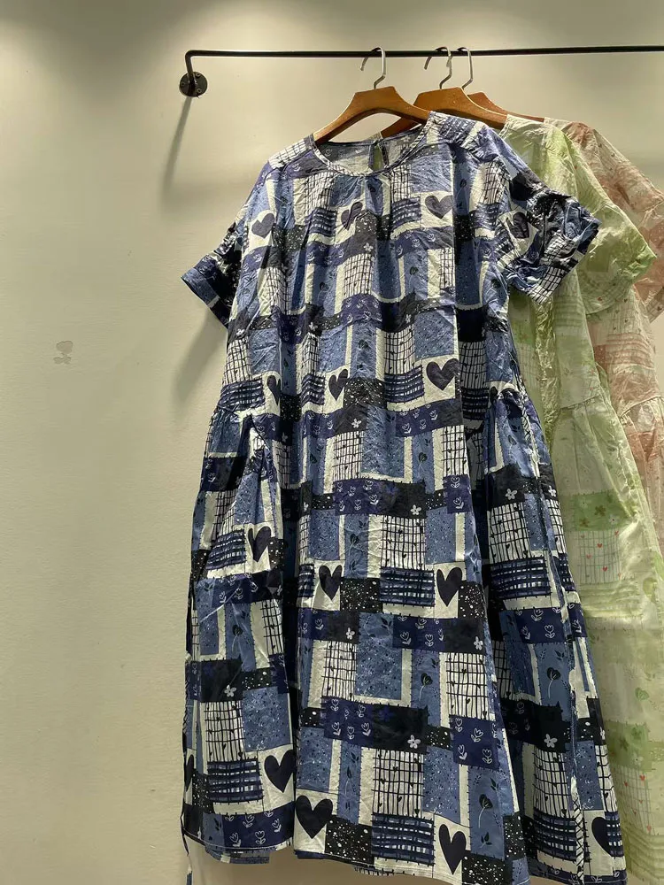 

Summer New Women's round Ne ort Sve Printed Cotton Loose Fit Dr Korean Sle Heart Print High Waist A-Line Dr