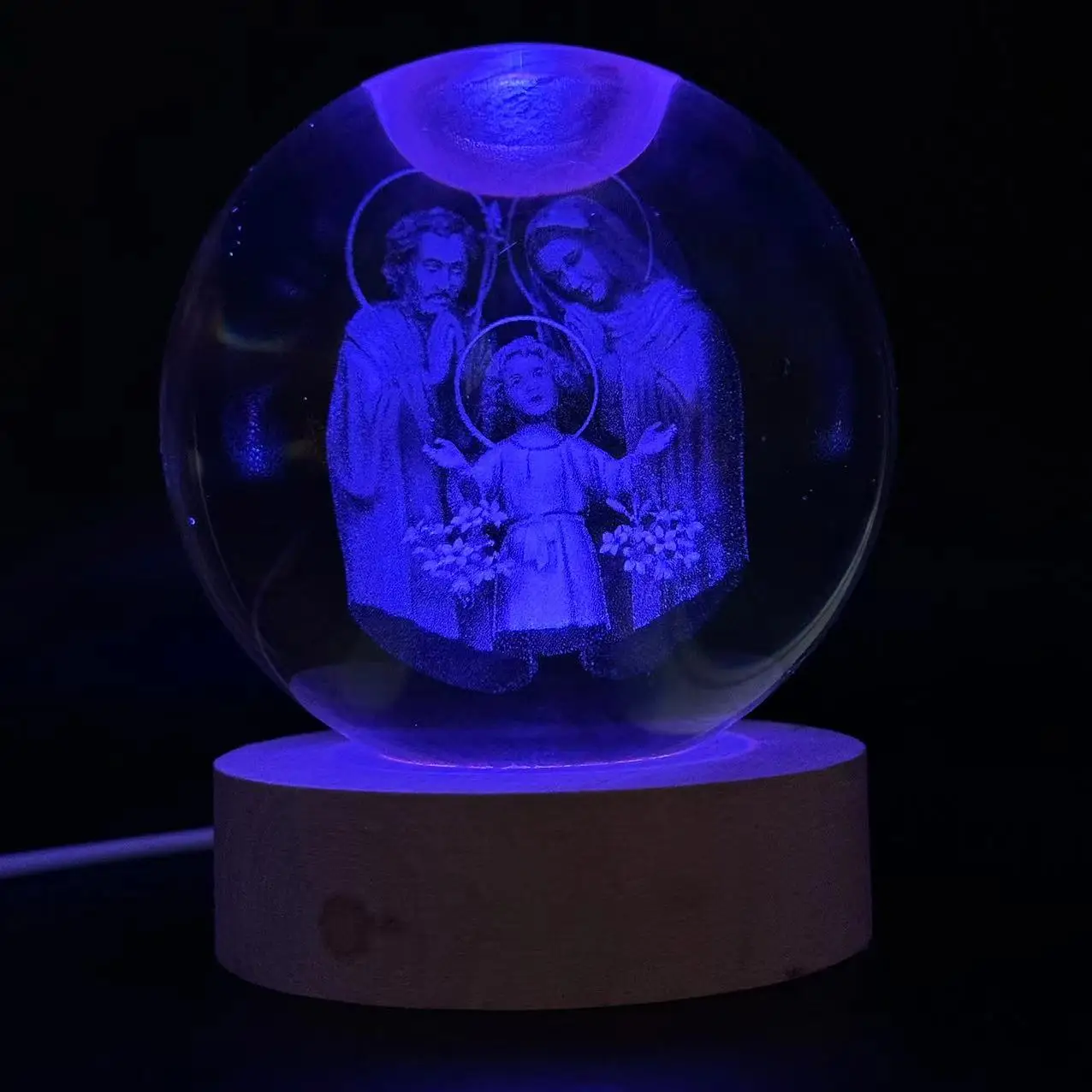 1pc,3D laser engraving family happy round ball night light, with colored light wood lamp holder, home decoration decoration, sui
