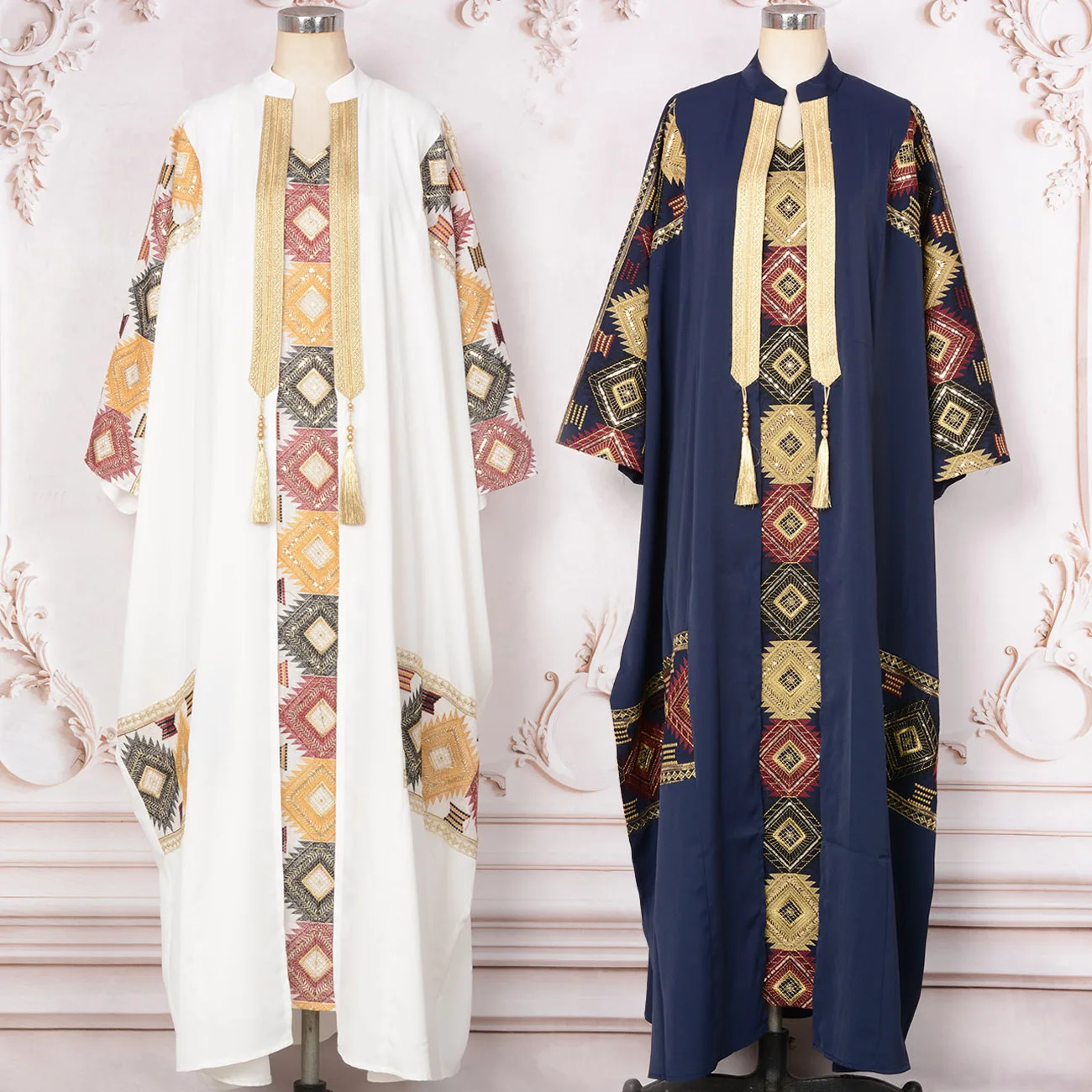 

African Kaftan 2 PC Set, Ethnic Thread Embroidery Batwing Kaftan Sleeveless Dress, Party Ramadan Wedding Islam Muslim Abaya Set
