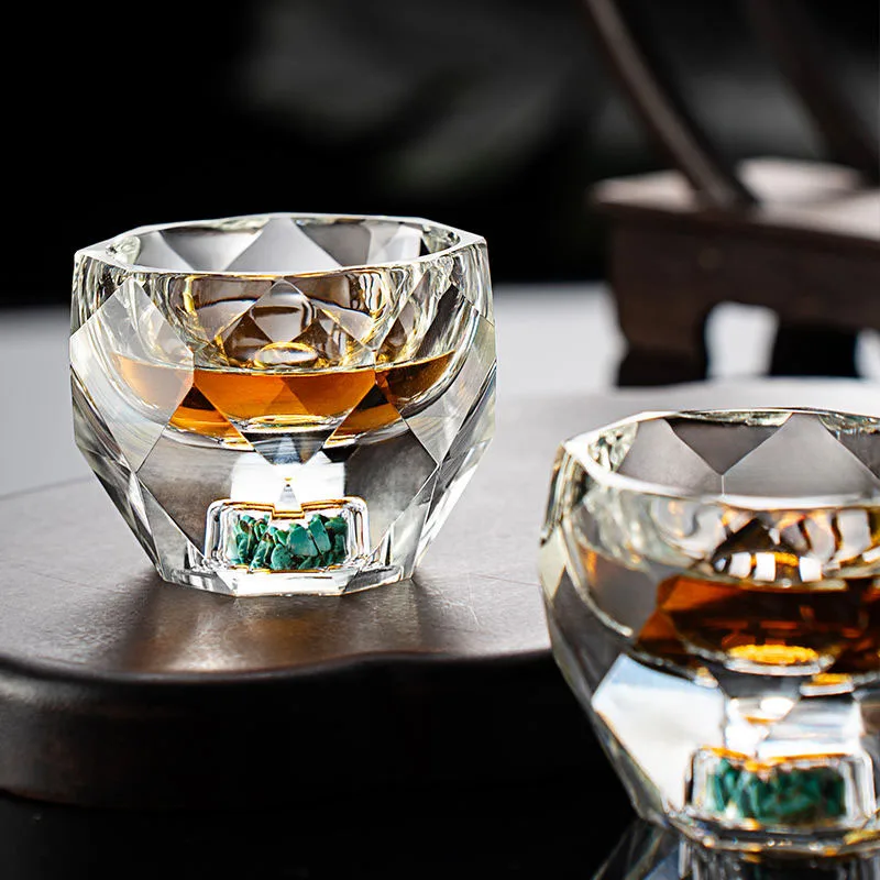 1PC 50ML Crystal Shot Glasses Facet Design for Whisky Black Tea Double Bottom Glass Inlaid with Gold Foil or Turquoise Drinkware