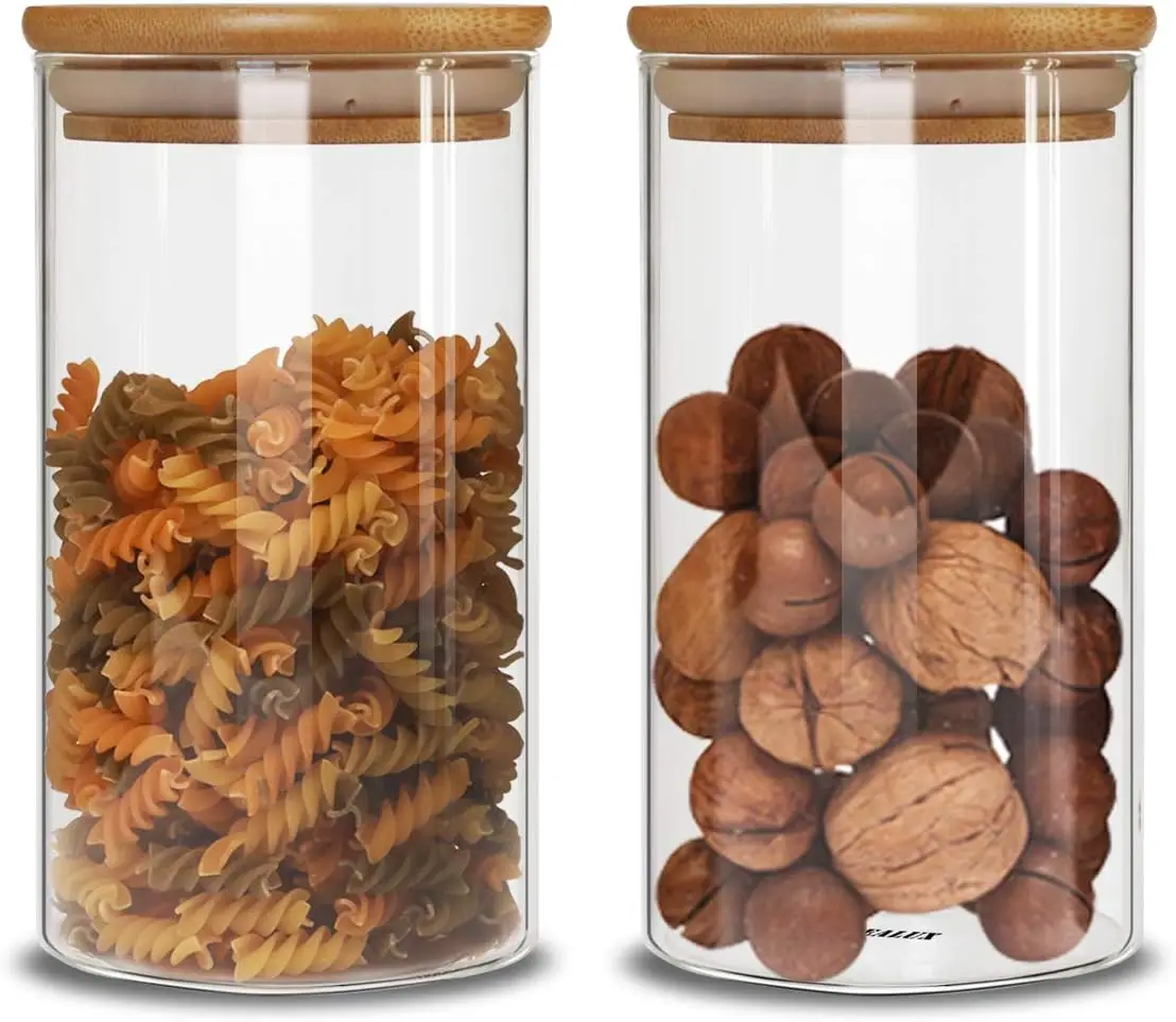 Glass Storage Jars Set of 2(25oz/750ml) with Airtight Seal Wooden Lid Stackable Kitchen Canisters for Candy, Coffee Bean Cook