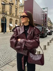 Chaqueta corta de manga larga con solapa para mujer, abrigos cortos de cuero a la moda, ropa de calle alta Vintage