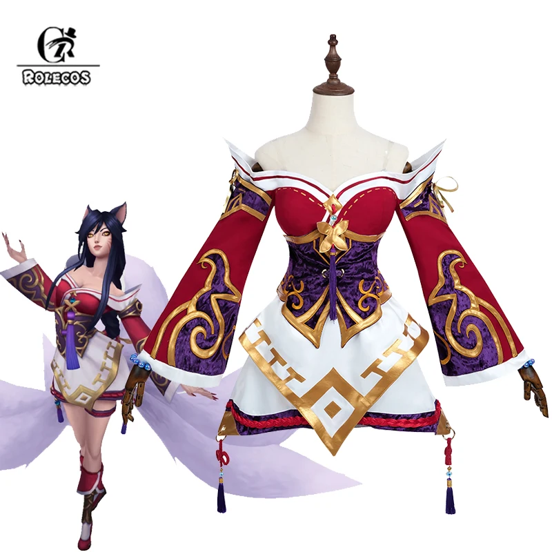 ROLECOS Game LOL Wild Rift The Nine-Tailed Fox Ahri Cosplay Costume Ahri Halloween Women Red Dress Outfit Fullset Suit