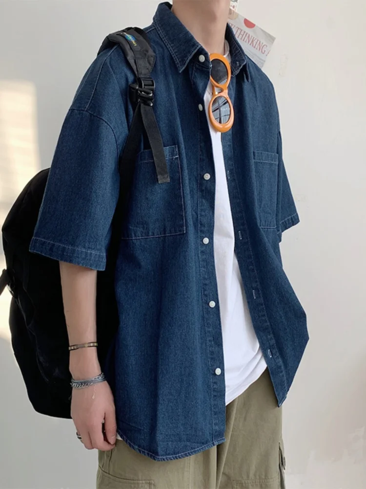 

Summer Thin Denim Shirt Men's Short Sleeve Casual Loose Fit Korean Style Trendy Washed Outerwear Youth Fashion Classic Retro