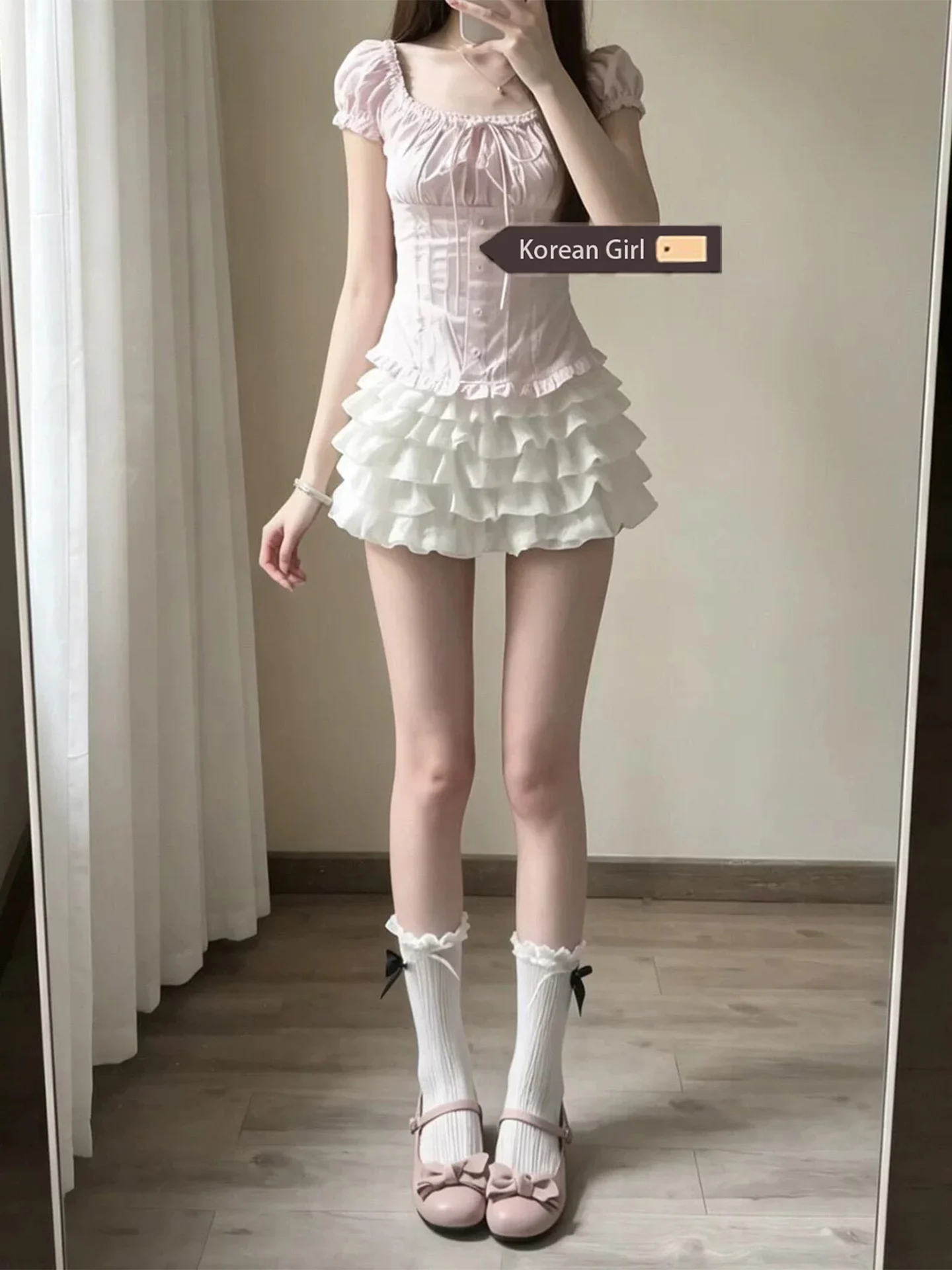 Ballet Style White Ruffle Short Skirt Women Summer Sweet Slimming Puffy Skirt Layered Cake Skirt High Waist Elastic Waist