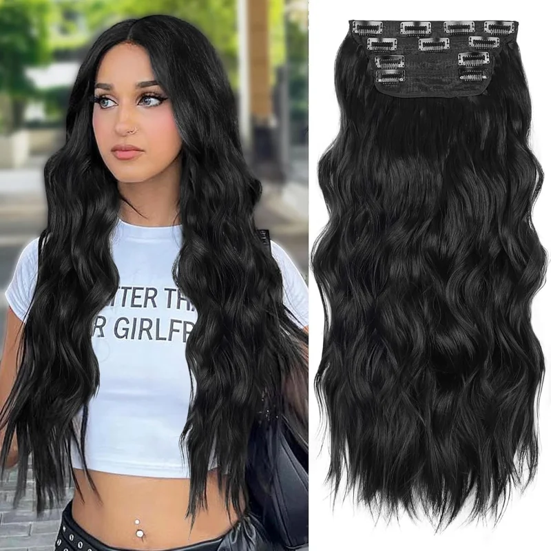 

Clip-in Long Wavy Synthetic Hair Extensions, 24 Inches, Black, 4-Piece Thick Hairpieces, Double Wefted Hair for Women