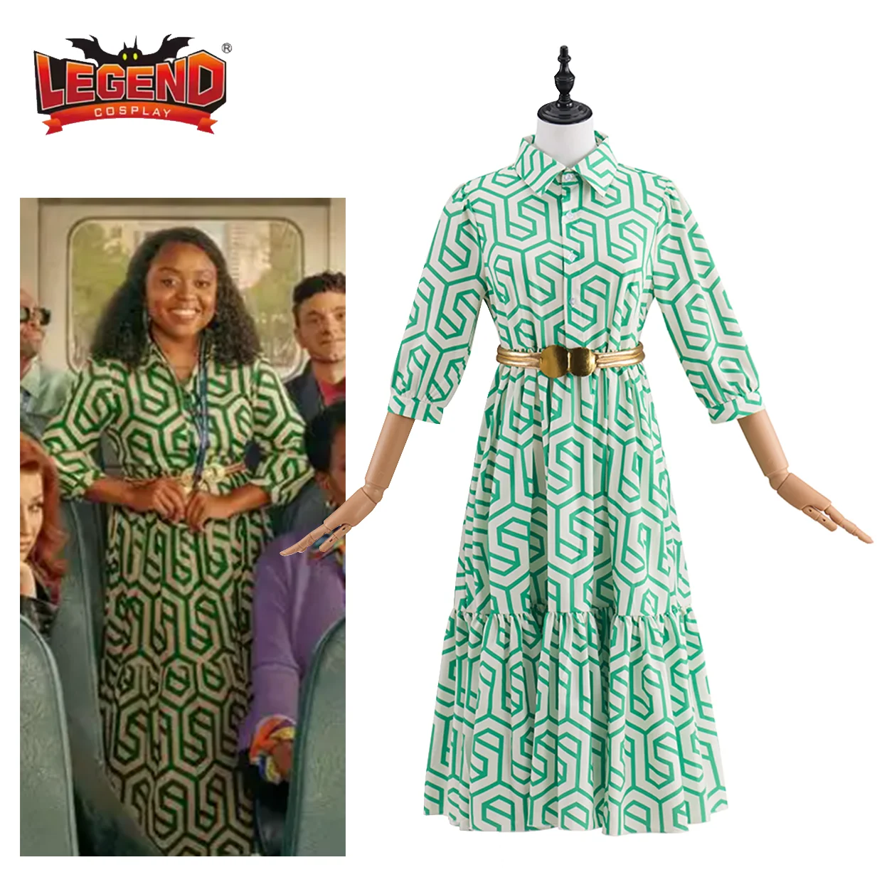

Abbott Elementary Cosplay Janine Teagues Costume Women Green Dress Shirt Button Half Placket Dress Boho Summer Beach Midi Dress