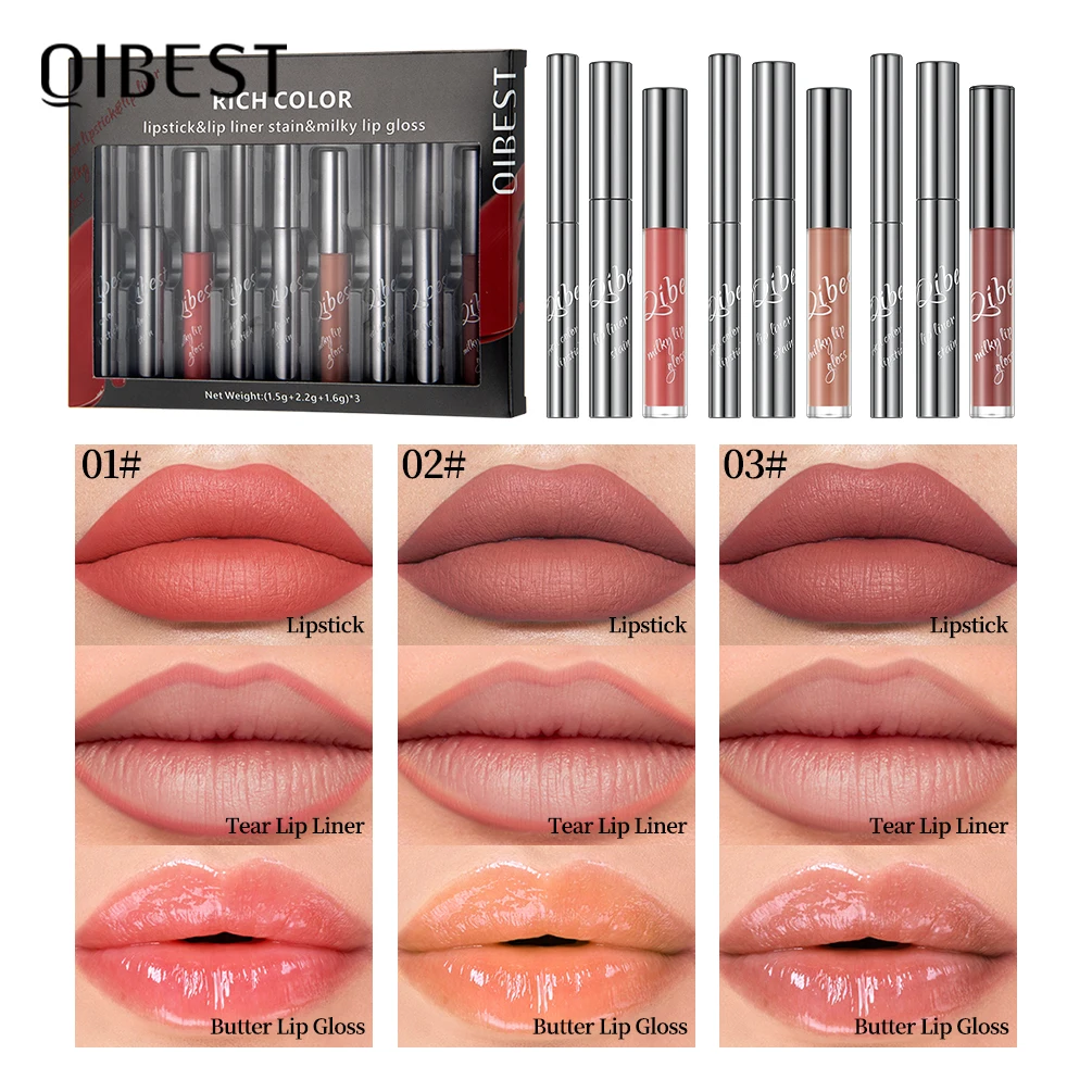ชุดเครื่องสำอางสำหรับริมฝีปาก QIBEST 9 ชิ้น ประกอบด้วย ลิปสติก+ดินสอเขียนขอบปาก+ลิปกลอสเนื้อเนียน+ลิปกลอสเนื้อกำมะหยี่สีนู้ด+ลิปกลอสติดทนนาน