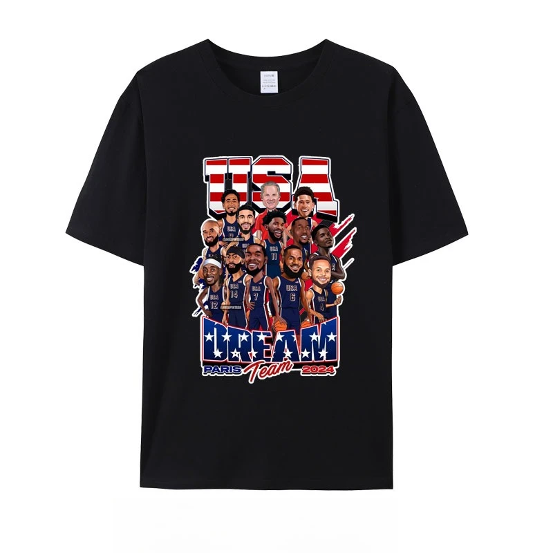 Camiseta del equipo de ensueño de EE. UU. de verano para hombre, Camiseta de algodón puro con cuello redondo y manga corta con estampado de Durant James Curry para fanáticos de los deportes