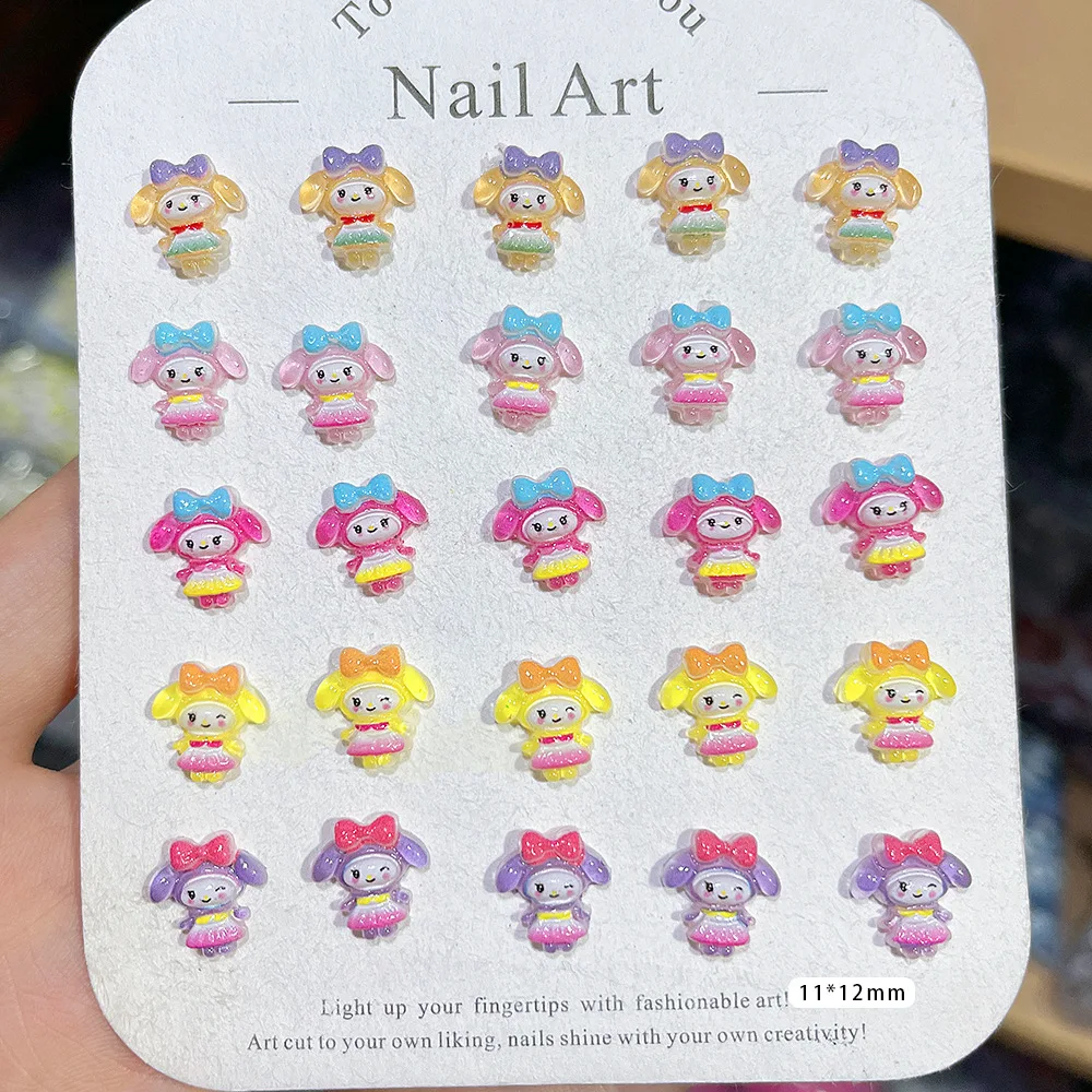 100Pcs Cute My Melody Dress Nail Charms with Bow 3D Resin Nail Art Adorable Cartoon Press-On Nail Decor for DIY Kawaii Manicures