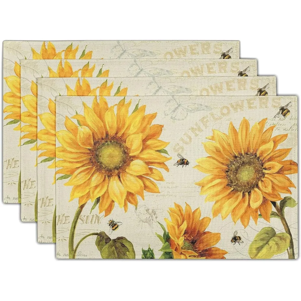 Yellow Sunflower Placemats Set of 4 Heat Resistant Machine Washable Linen Place Mat Natural Plant Sun Flower and Bee Placemats