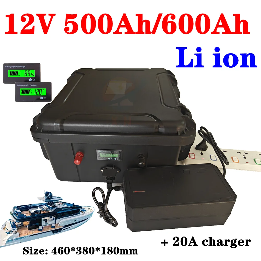 Batteria agli ioni di litio 12V 600AH impermeabile 12V 500AH per UPS RV Accumulo di energia solare subwoofer inverter MPPT + car