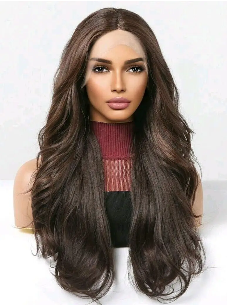 

Natural Brown Ombre Wig HD Front Lace Blend Highlights Straight 24 In