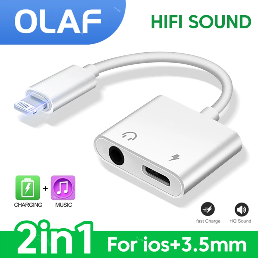 Olaf 2 in 1 Audio Adapter For iPhone 14 Pro Max Aux Jack Headphone Lighting 3.5 mm To Headphone Jack Charger Splitter Converter