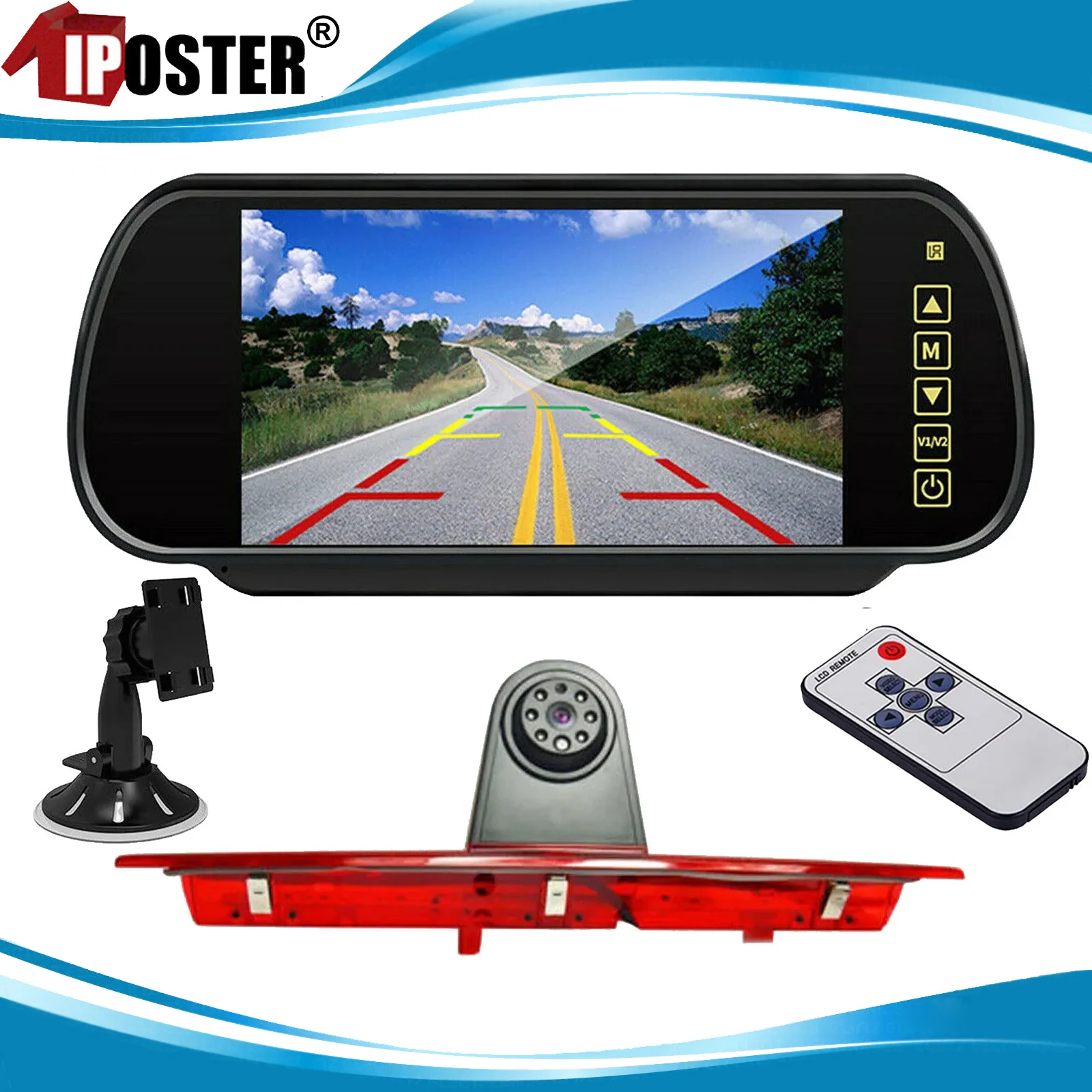 

iPoster 7" Mirror Monitor LCD Brake Light IR Reversing Revese Camera HD Backup Night Vision Waterproof IP68 For Ford Transit