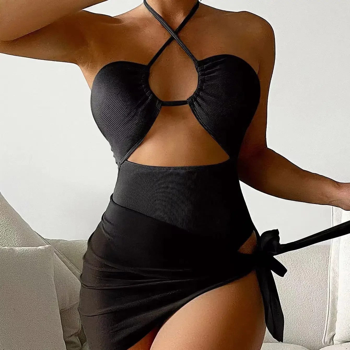 

Black One Piece Swimsuit with Cover Up Skirt Female 2024 Swimwear Women Bathing Suits Summer Beachwear Bather Monokini Swim Pool