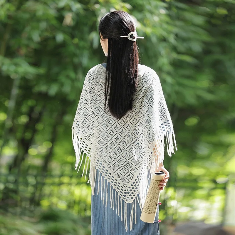 Summer Fringe Knit Triangle Cape for Women,New Chinese Style Qi Pao Outerwear,Versatile Wrap Cardigan,Boho Beach Travel Cover Up