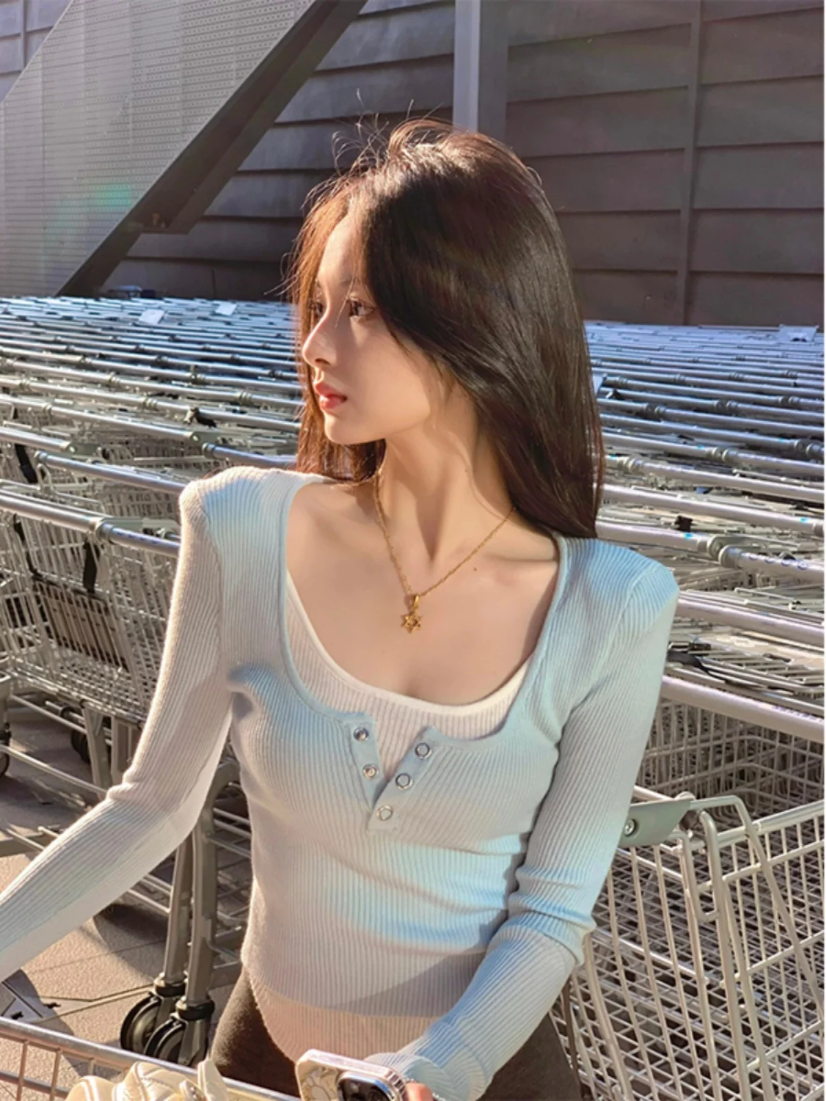 

Women's Square Collar Knitted Long Sve Base irt Design Sensation Slim Fit Small Size Inner Wear Top Sweet Sle Thin Model