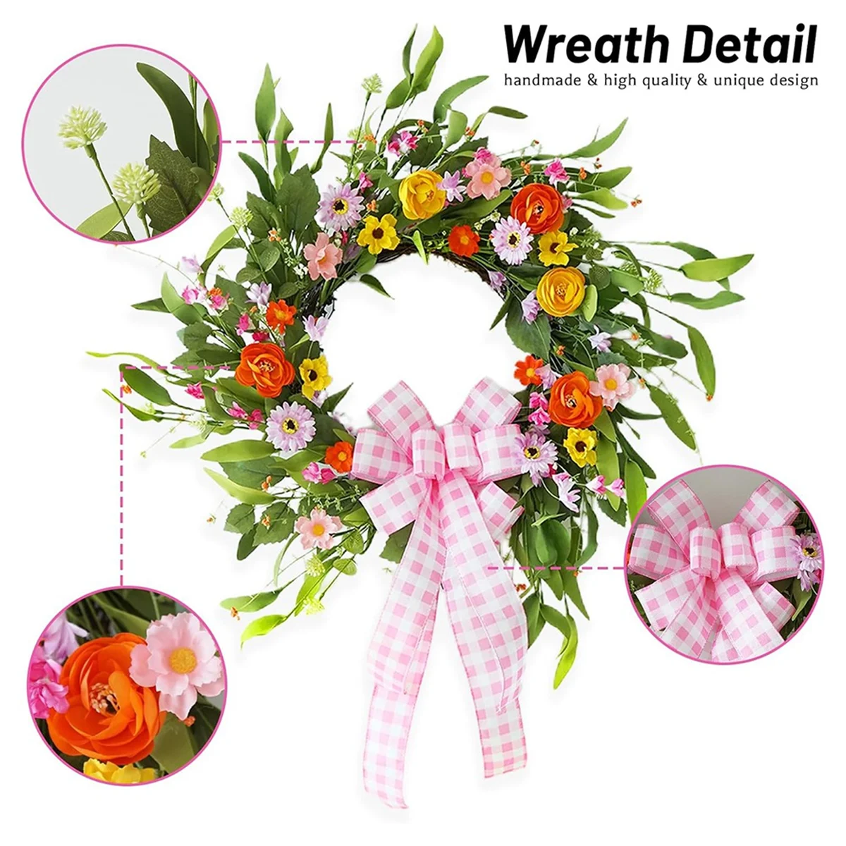 Spring Summer Wreaths for Front Door Outside 18 Inch Handmade Artificial Silk Flower Wreath Green Spring Front Door