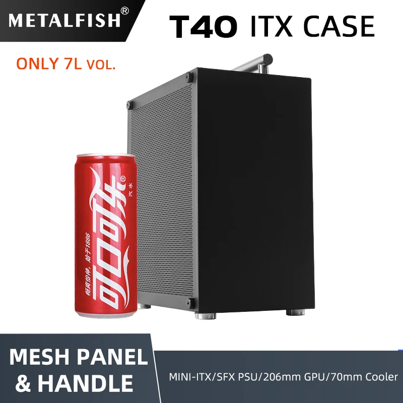 METALFISH T40 미니 ITX 블랙 케이스 – 컴팩트 게임 컴퓨터 섀시, 투명 PC 지지대, SFX PSU 호환, 70mm 쿨러 장착 가능, 핸들 포함, 7L 용량